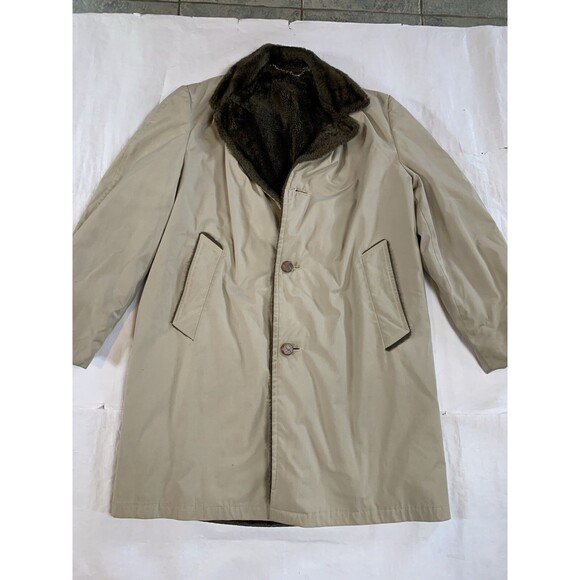 VTG Maine Guide Mens Lined Faux Fur Overcoat Field Congress Beige READ - Picture 1 of 10